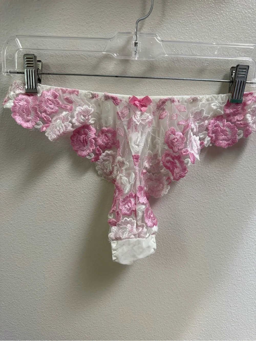 Sheer Floral Embroidered Lace Bra & Thong Set White with Pink Floral